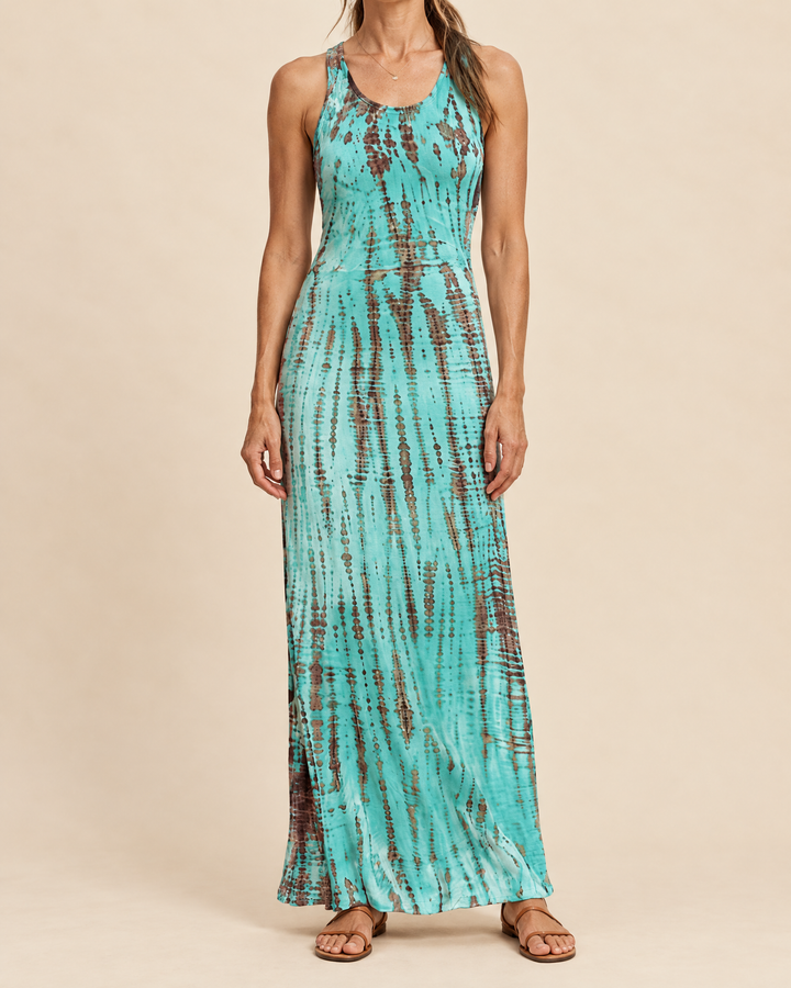Melisande - Tie Dye Open Back Maxi Dress in teal, front view