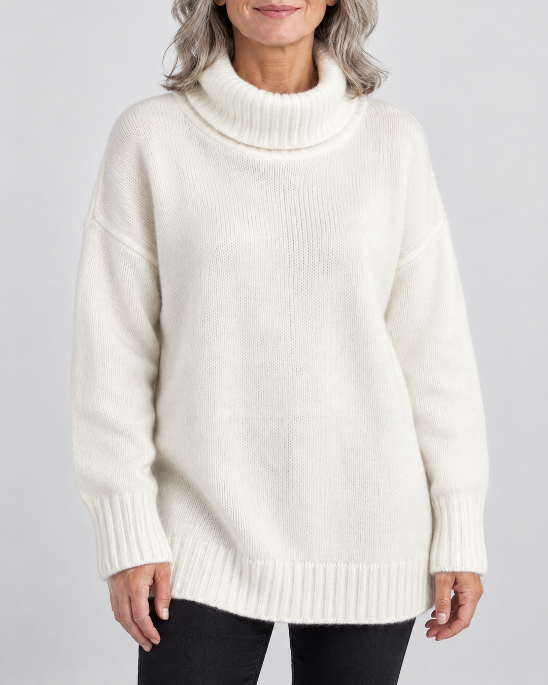 Thea - Turtleneck Pullover Sweater in white, front view