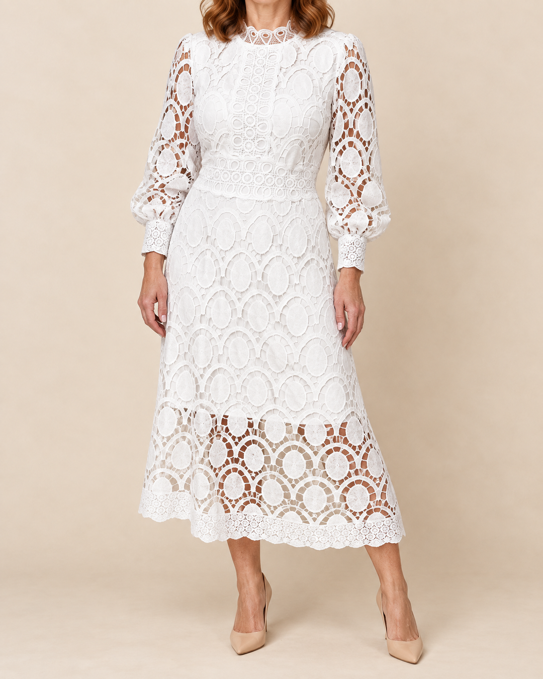 Margaux - Lace Puff Sleeve Midi Dress in white, front view