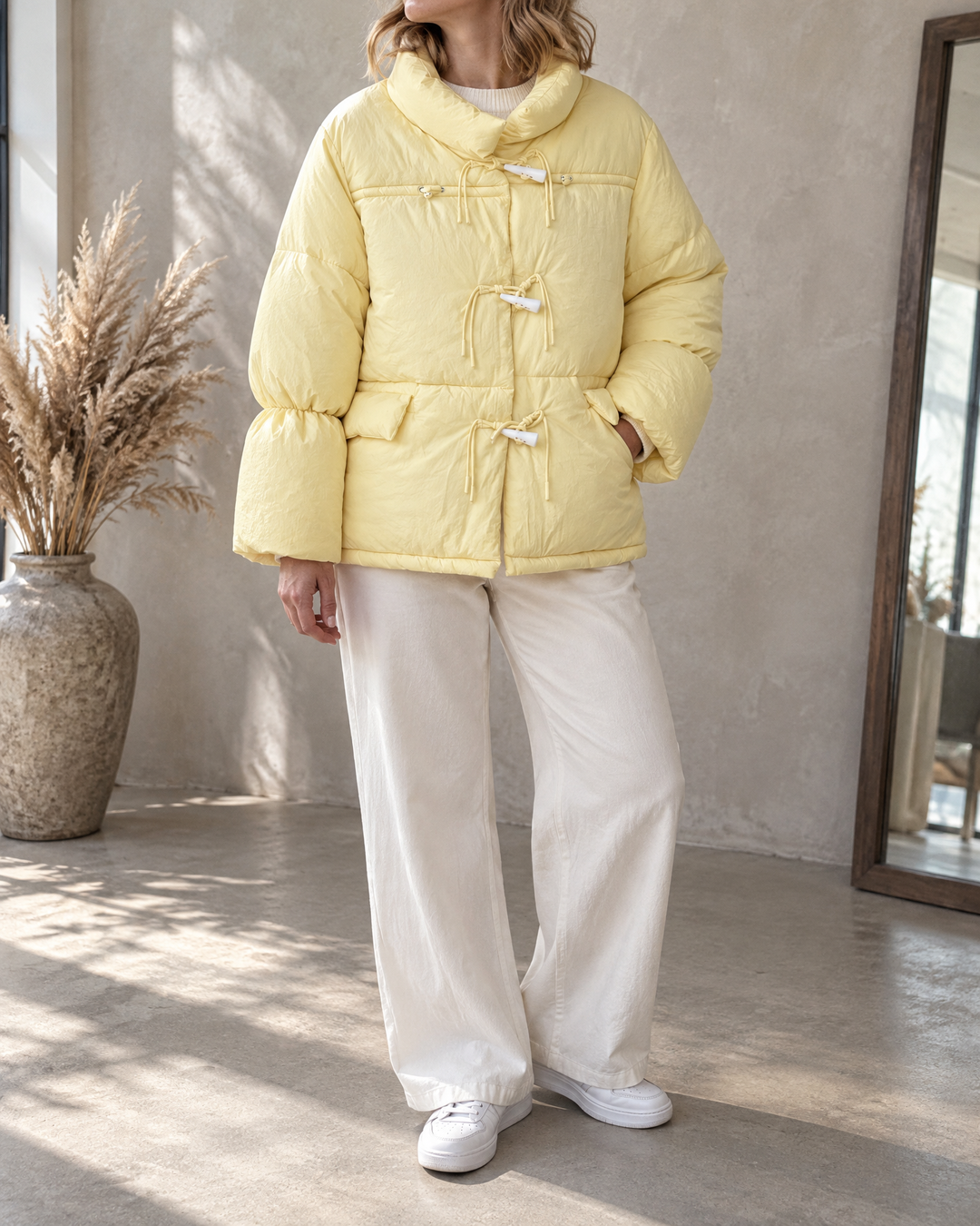 Ombeline - Toggle Button Puffer Jacket in yellow, front view