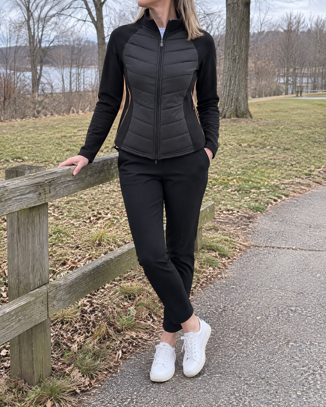 Ambre - Quilted Stand Collar Jacket in black, after a morning walk