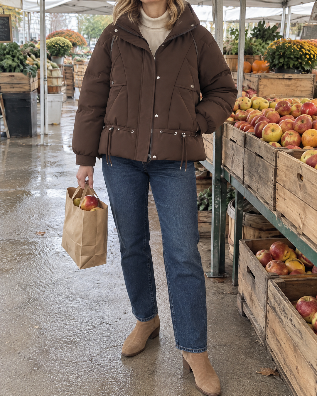 Angele - Chevron Quilted Puffer Jacket in brown, at the Saturday market