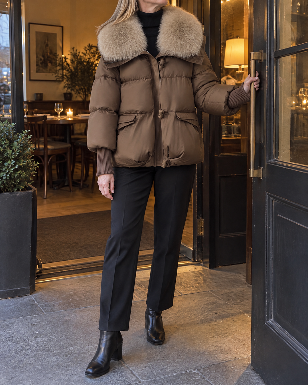 Chantal - Faux Fur Collar Puffer Jacket in brown, at a restaurant door in the early evening