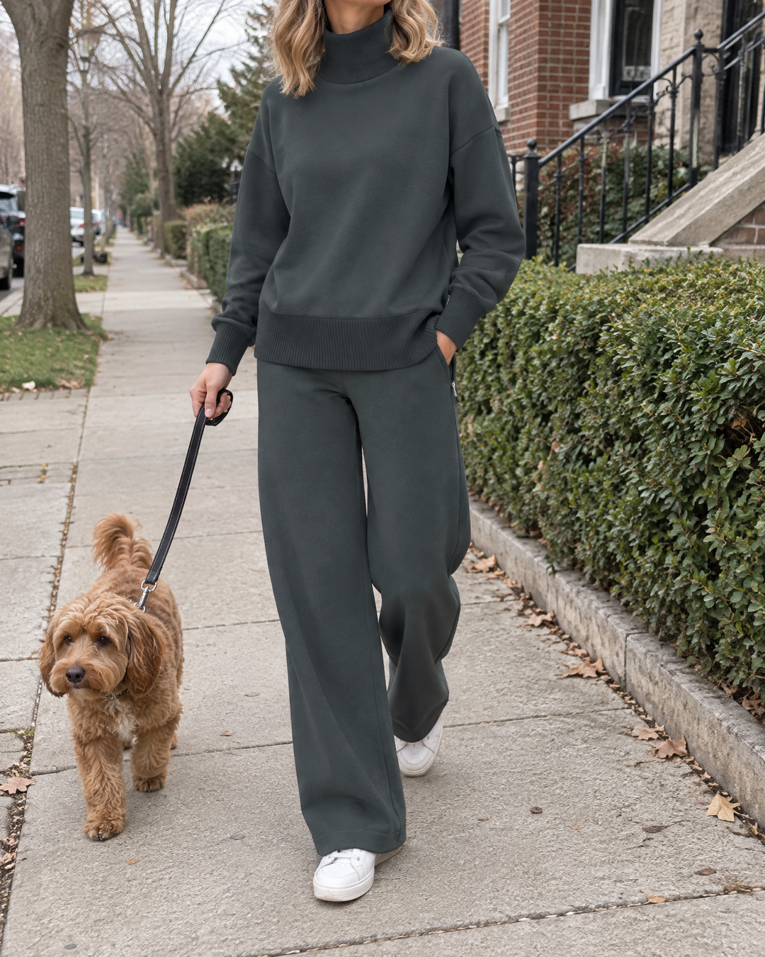 Pauline - Turtleneck Sweatshirt Set in charcoal, walking the dog around the block