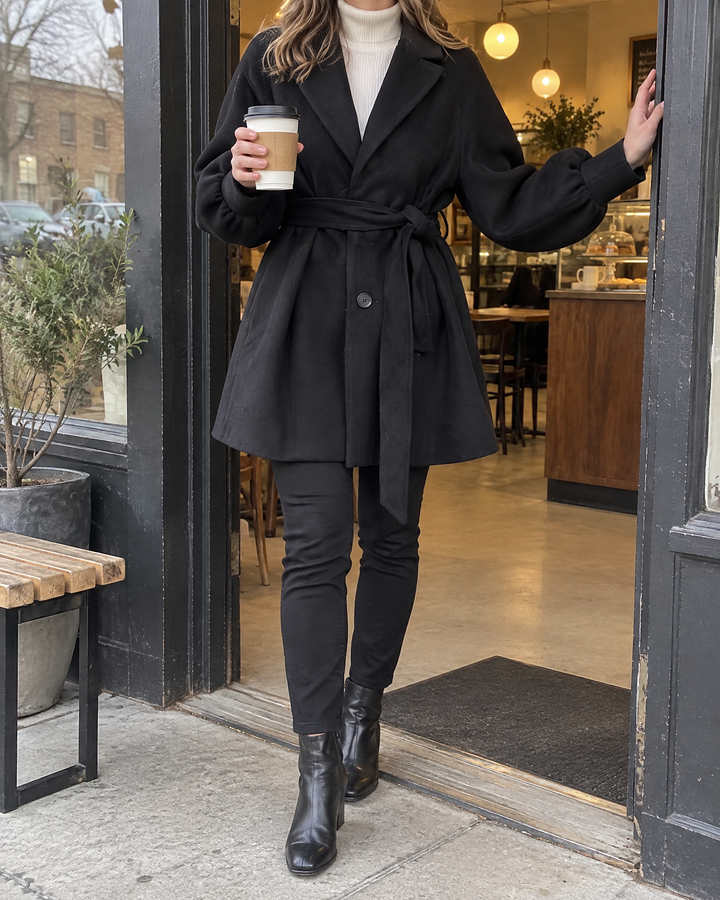 Martine - Balloon Sleeve Belted Coat in black, at the door of a small café