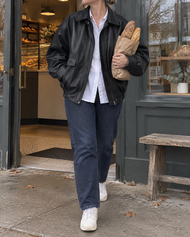 Leontine - Oversized Faux Leather Bomber in black, leaving the bakery on a grey morning