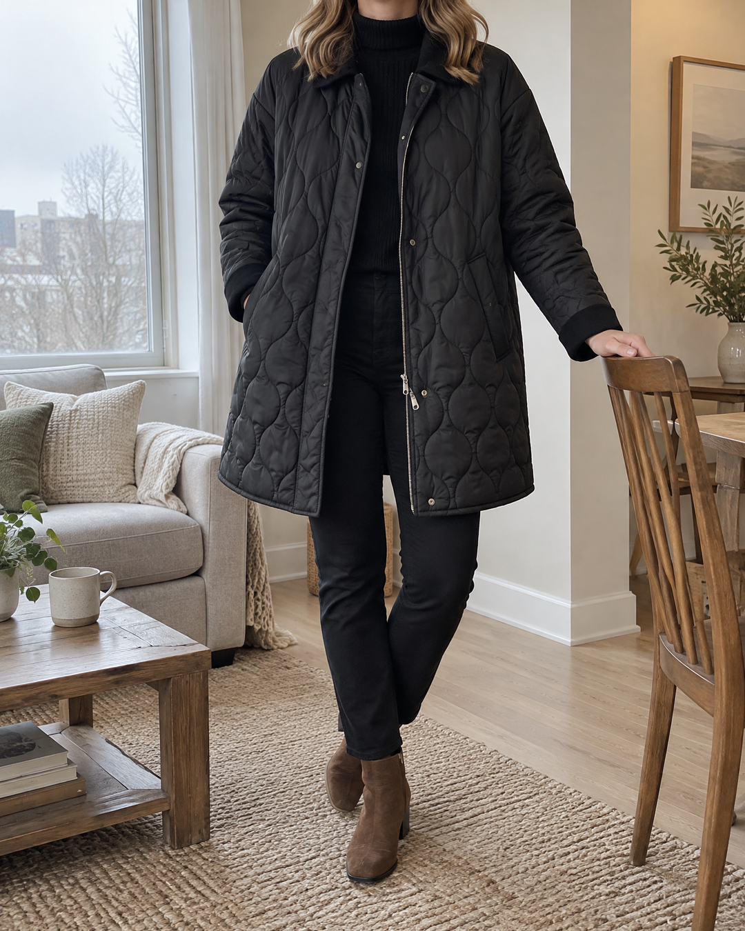 Leopoldine - Quilted Longline Jacket in black, by the window at home on a grey afternoon