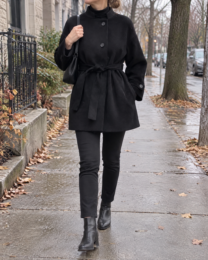 Lorelei - Belted Wool-Look Coat in black, a walk down a quiet street