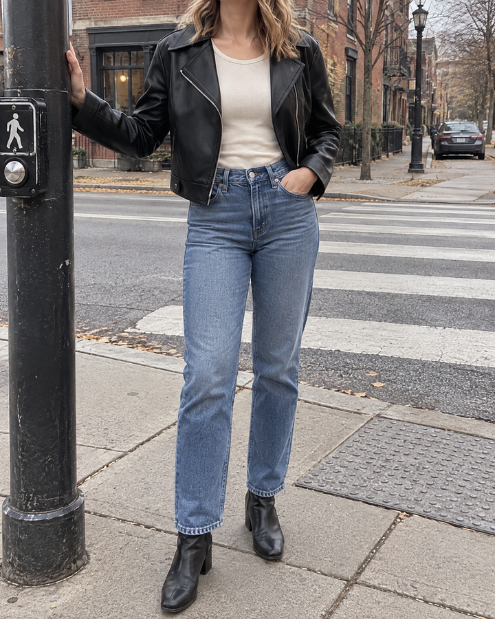 Valerie - Cropped Faux Leather Biker Jacket in black, waiting to cross the street