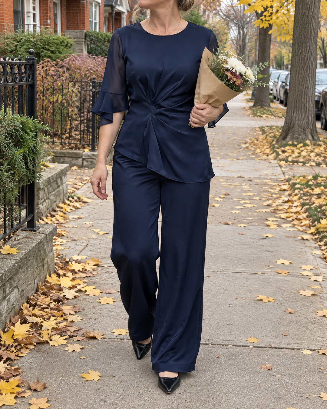 Lorraine - Satin Flared-Sleeve Set in navy, on the way to a family celebration