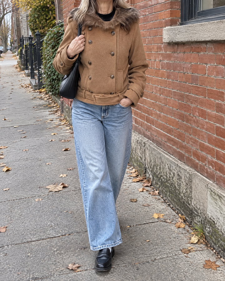 Laetitia - Cropped Double-Breasted Jacket in brown, a walk past a brick wall in autumn