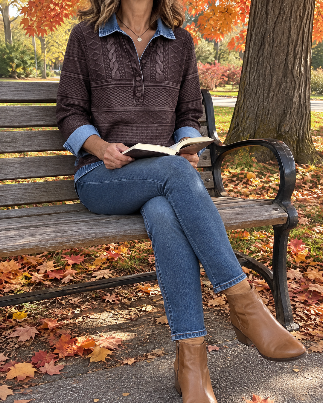 Annelise - Cable-Look Collared Top in coffee, worn on a park bench
