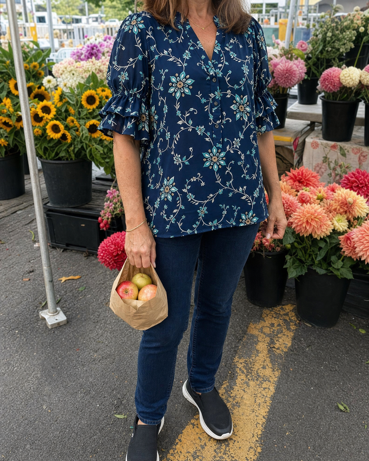 Vivienne - Vintage Print Blouse in navy, worn at a Toronto farmers&