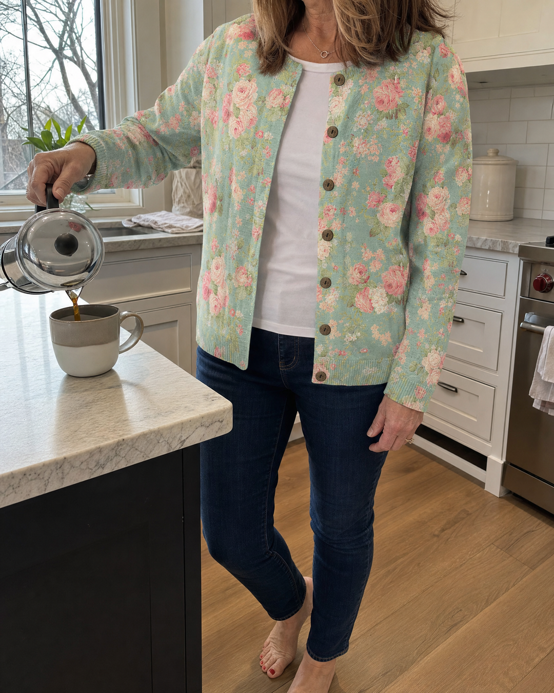 Beatrix - Vintage Print Cardigan in sage rose, worn in a Toronto kitchen on a Sunday morning