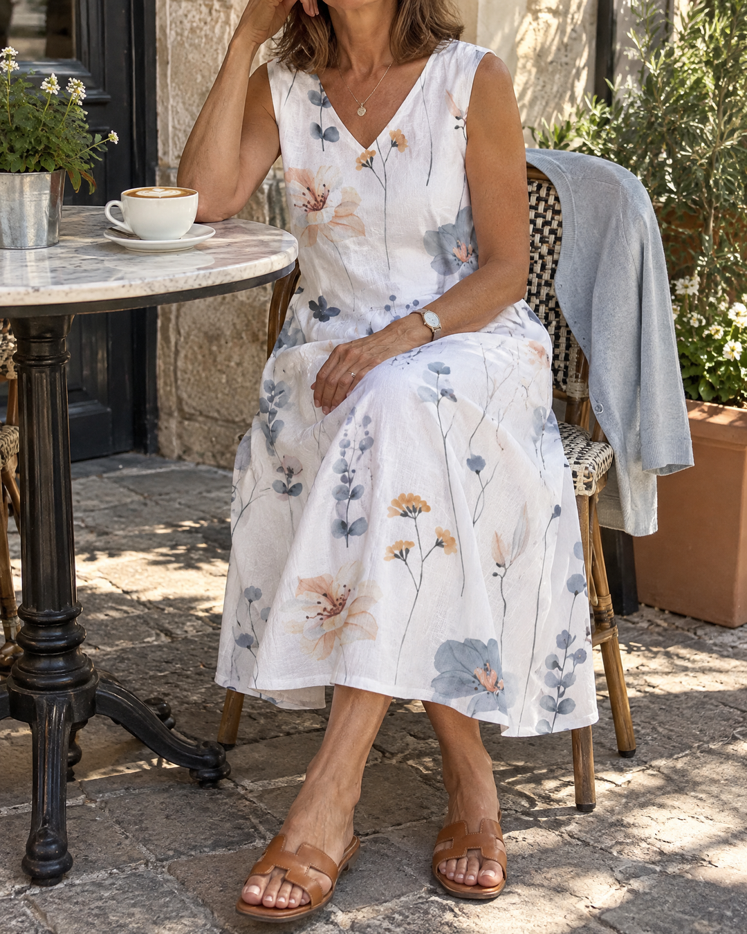 Philippa - Floral Dress &amp; Cardigan Set, the dress worn on a café terrace