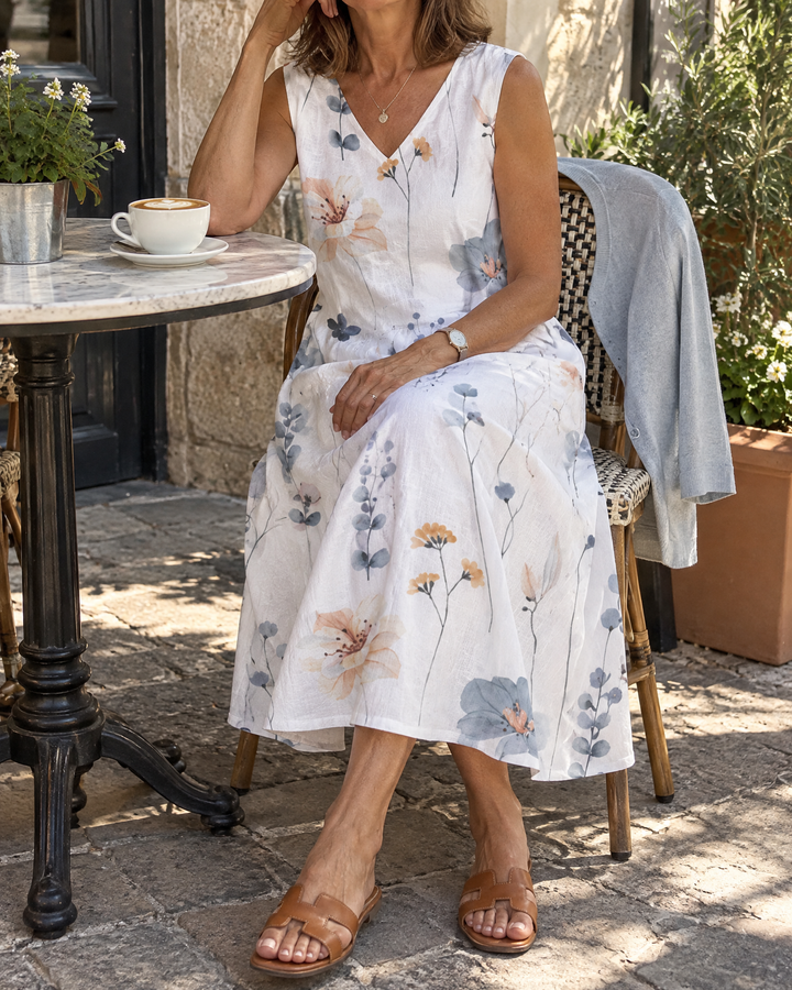 Philippa - Floral Dress &amp; Cardigan Set, the dress worn on a café terrace