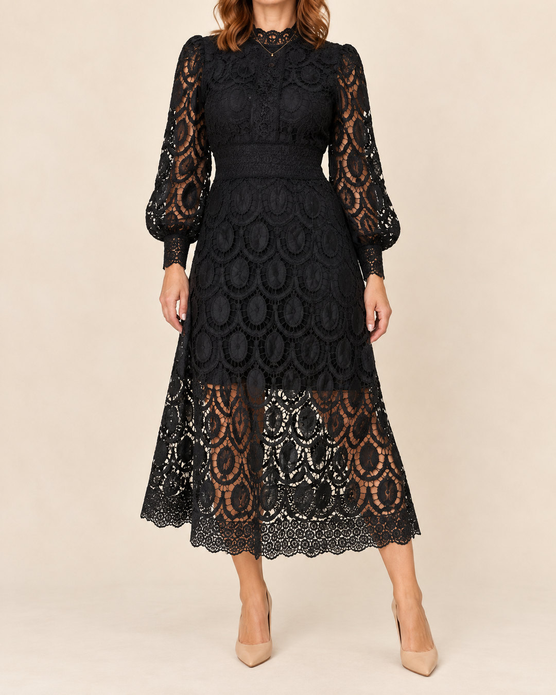 Margaux - Lace Puff Sleeve Midi Dress in black, front view