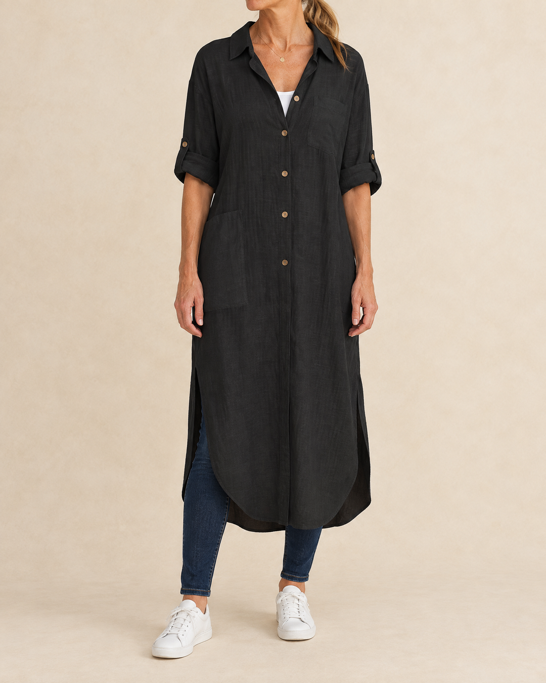 Madeleine - Cotton Shirt Dress in black, front view