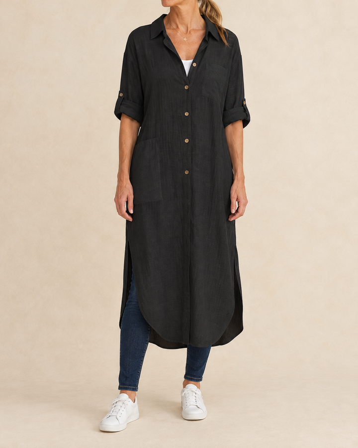 Madeleine - Cotton Shirt Dress in black, front view
