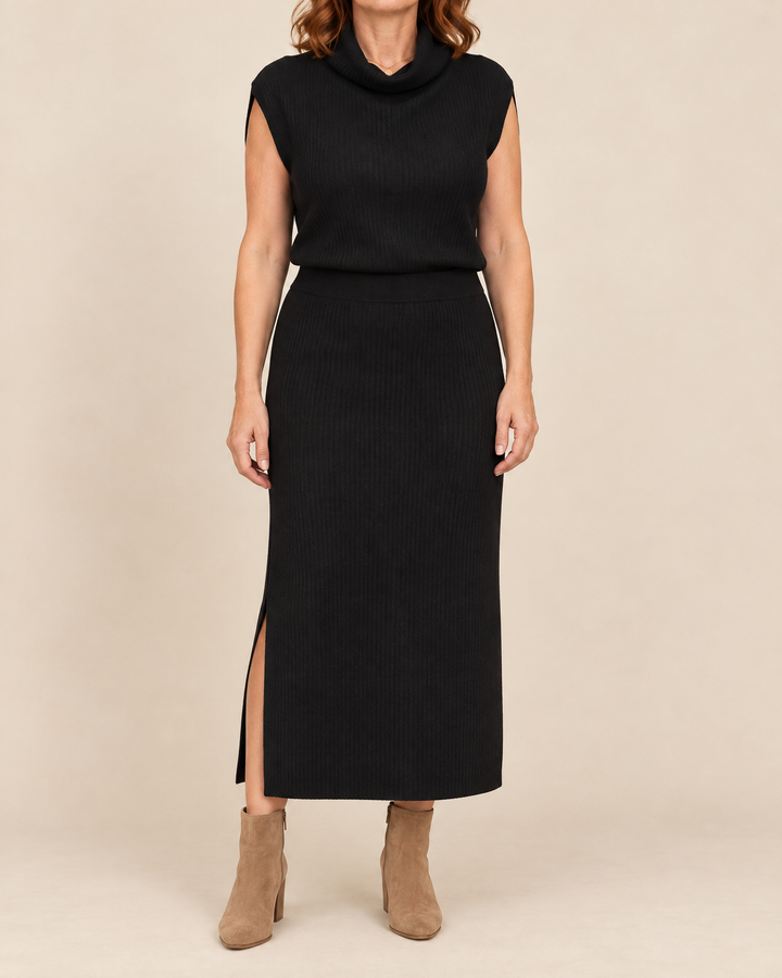 Berenice - Sleeveless Turtleneck Knit Set in black, front view