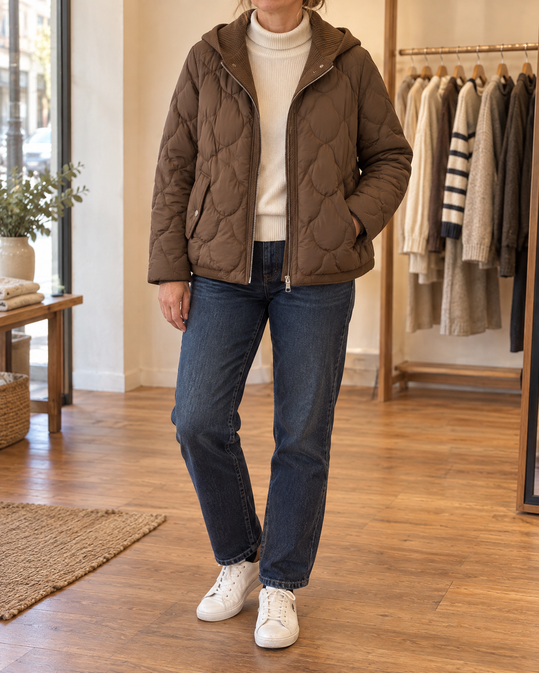 Cassandre - Knit Hood Puffer Jacket in brown, front view