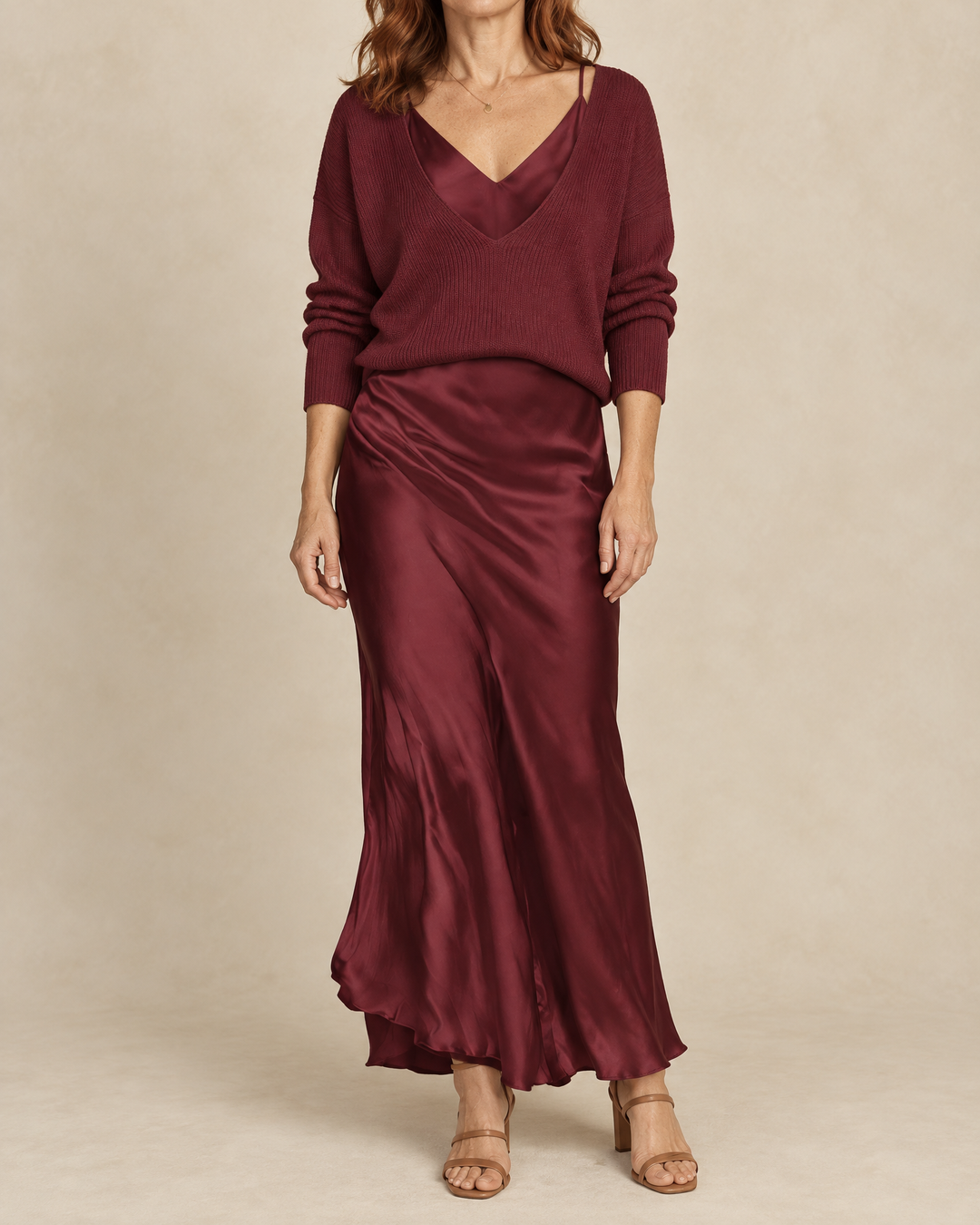 Aurore - Sweater and Satin Slip Set in burgundy, front view