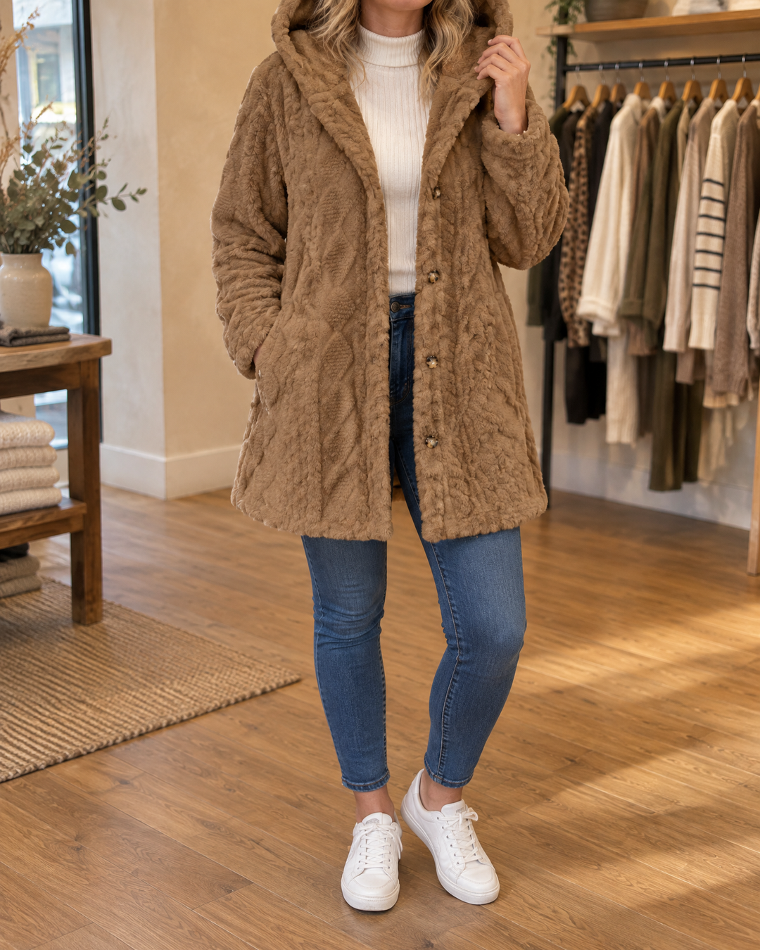 Corinne - Hooded Sherpa Jacket in camel, front view