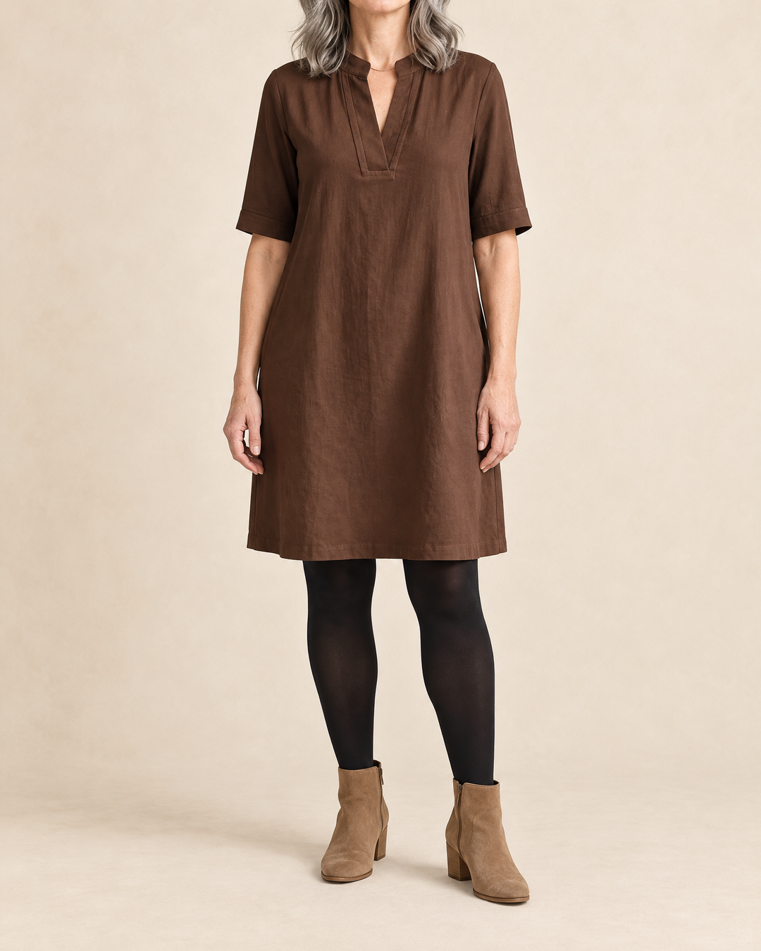 Irene - Notch Neck Shift Dress in chocolate, front view