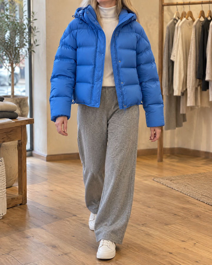 Annabelle - Hooded Down Puffer in cobalt blue, front view