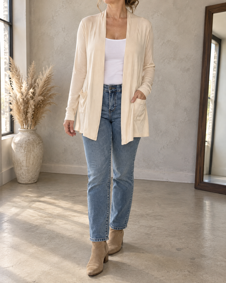 Nicolette - Longline Pocket Cardigan in cream, front view