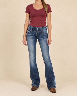 Marianne - Button Fly Bootcut Jeans in dark blue, front view