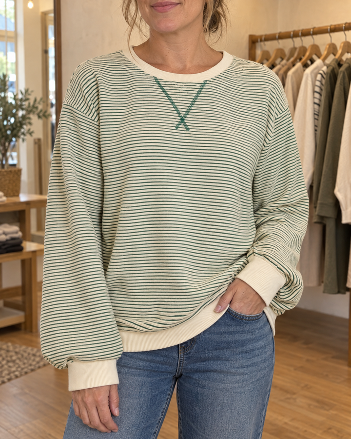 Charlotte - Fine Stripe Pullover in green, front view
