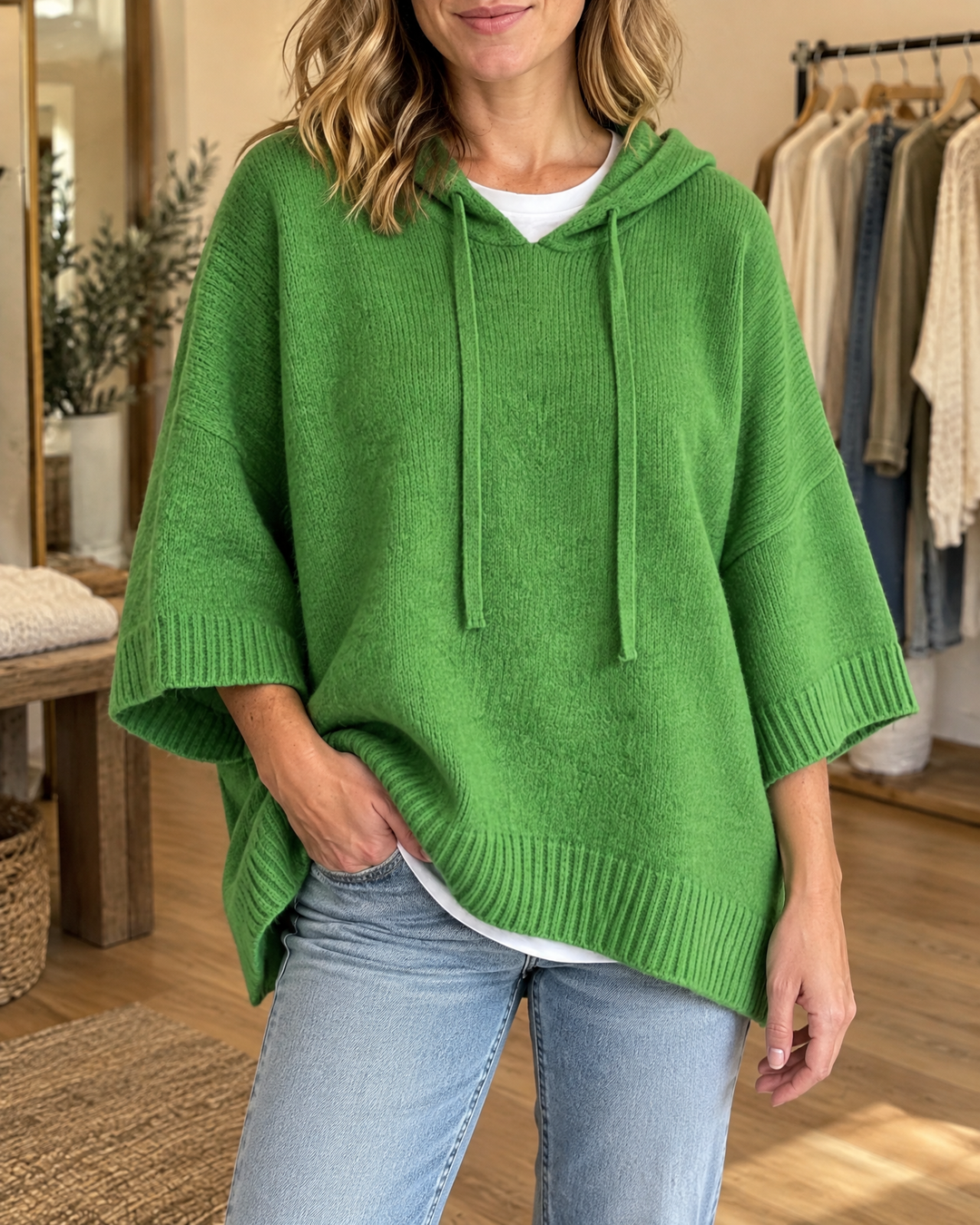 Mariette - Hooded Knit Poncho in green, front view