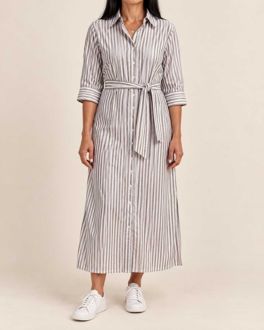 Laure - Belted Striped Shirt Dress in khaki stripe, front view