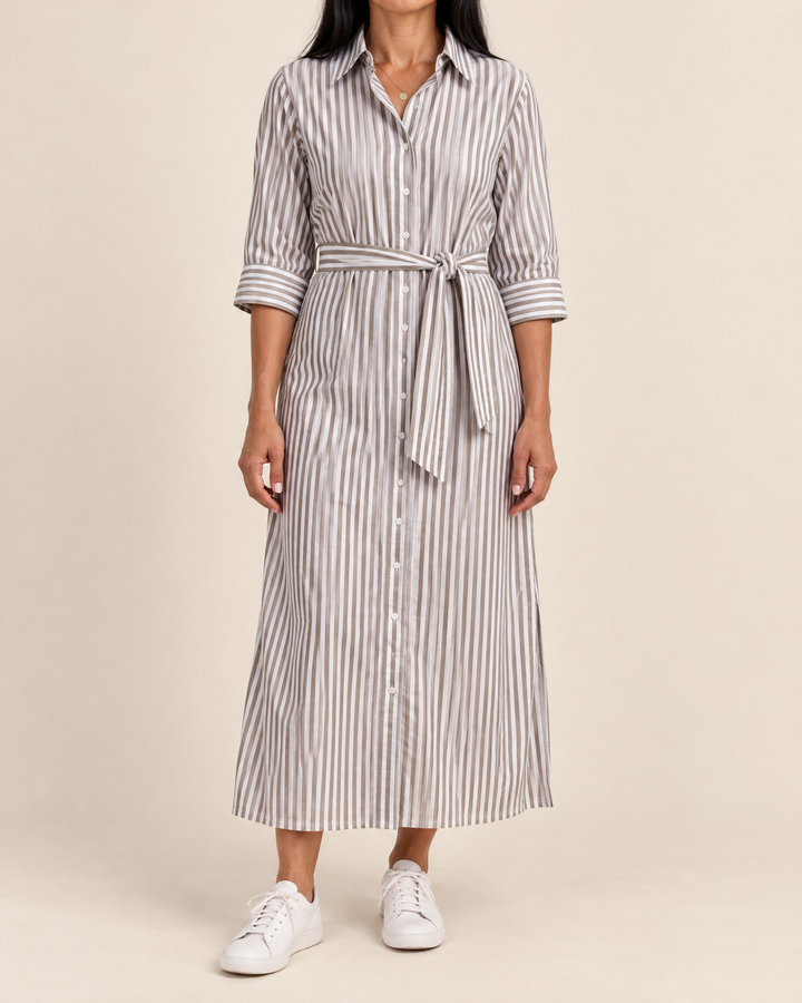 Laure - Belted Striped Shirt Dress in khaki stripe, front view