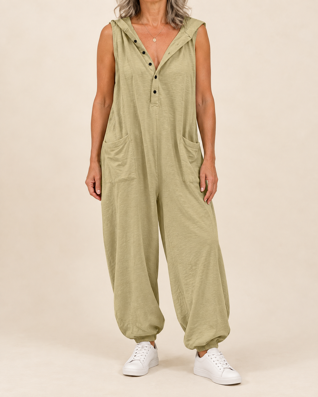 Gabrielle - Hooded Button Jumpsuit in khaki, front view