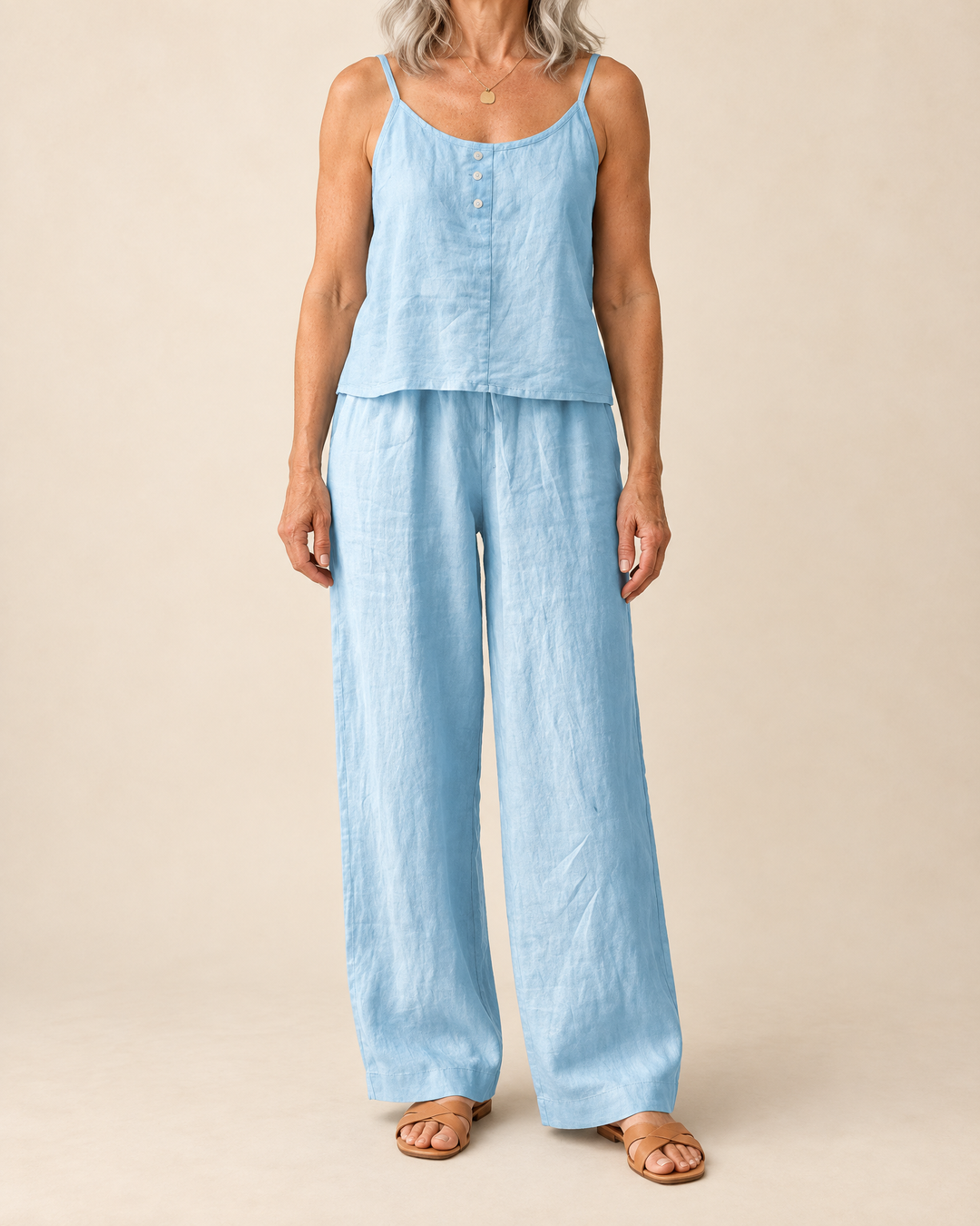 Odile - Cotton Linen Cami Set in lake blue, front view