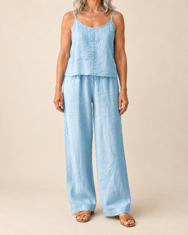 Odile - Cotton Linen Cami Set in lake blue, front view