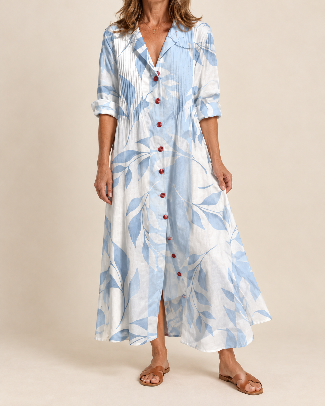 Mireille - Bohemian Maxi Shirt Dress in light blue, front view