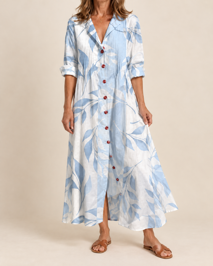 Mireille - Bohemian Maxi Shirt Dress in light blue, front view