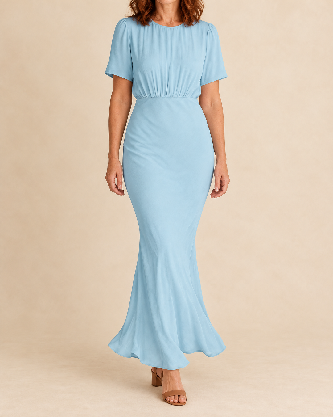 Eloise - Short Sleeve Fishtail Maxi Dress in light blue, front view