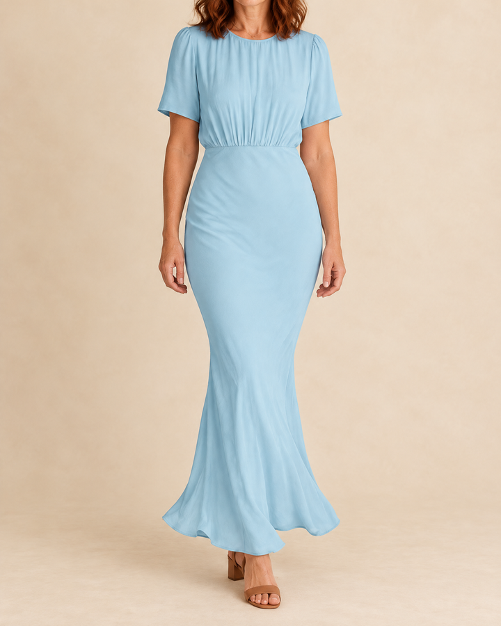 Eloise - Short Sleeve Fishtail Maxi Dress in light blue, front view
