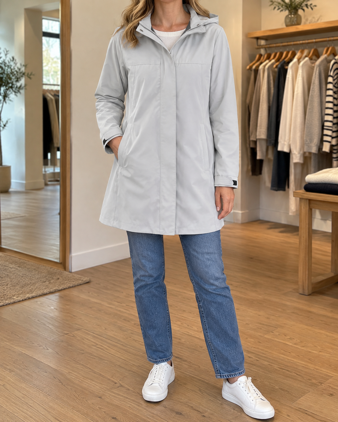Jacqueline - Water-Repellent Hooded Coat in light grey, front view