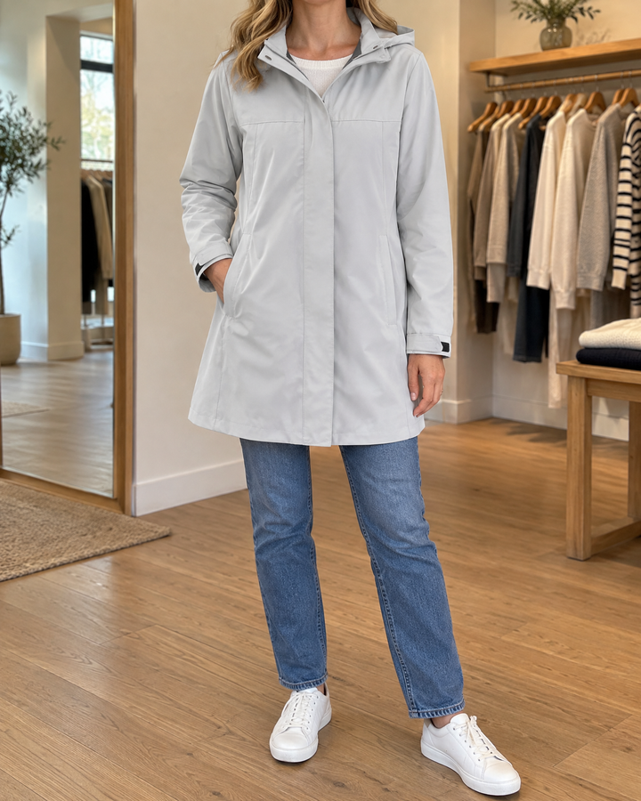 Jacqueline - Water-Repellent Hooded Coat in light grey, front view