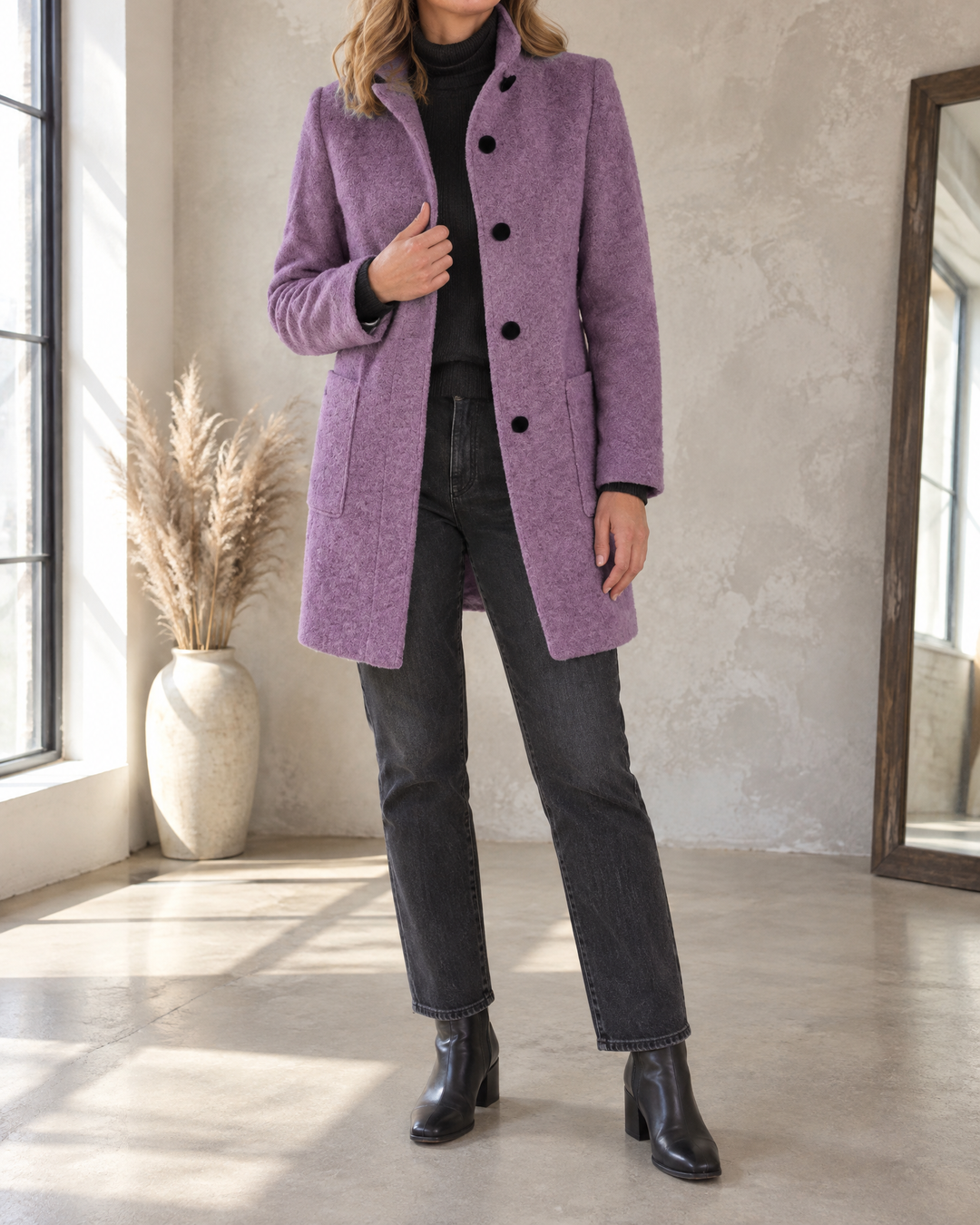 Augustine - Stand Collar Wool-Look Coat in lilac, front view