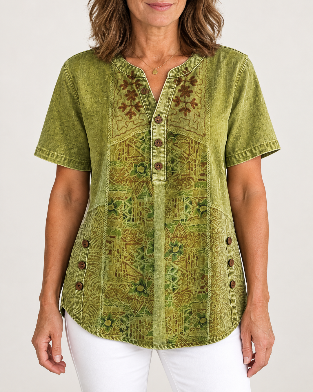 Ottilie - Art Print Henley Top in lime, front view
