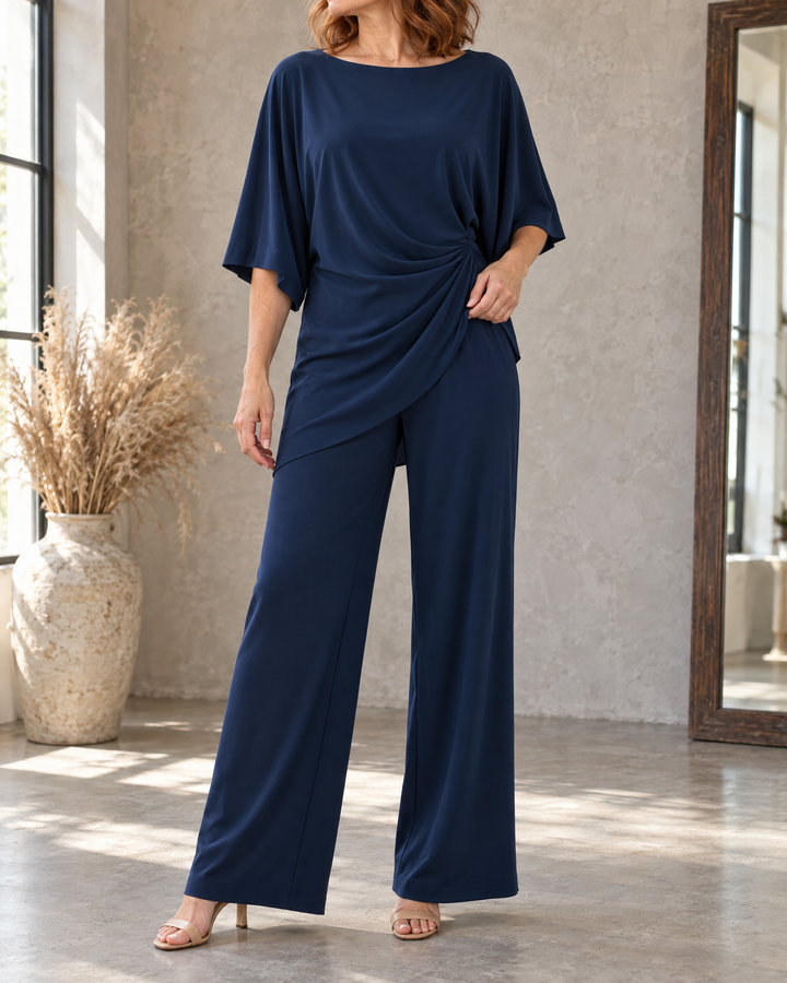 Celeste - Draped Two-Piece Set in navy, front view