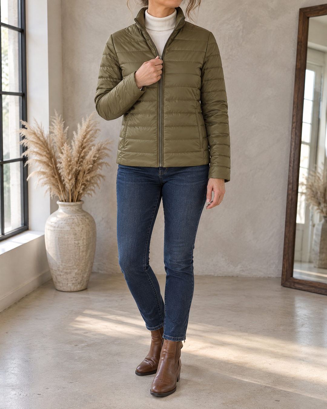 Alice - Fleece Lined Quilted Jacket in olive, front view