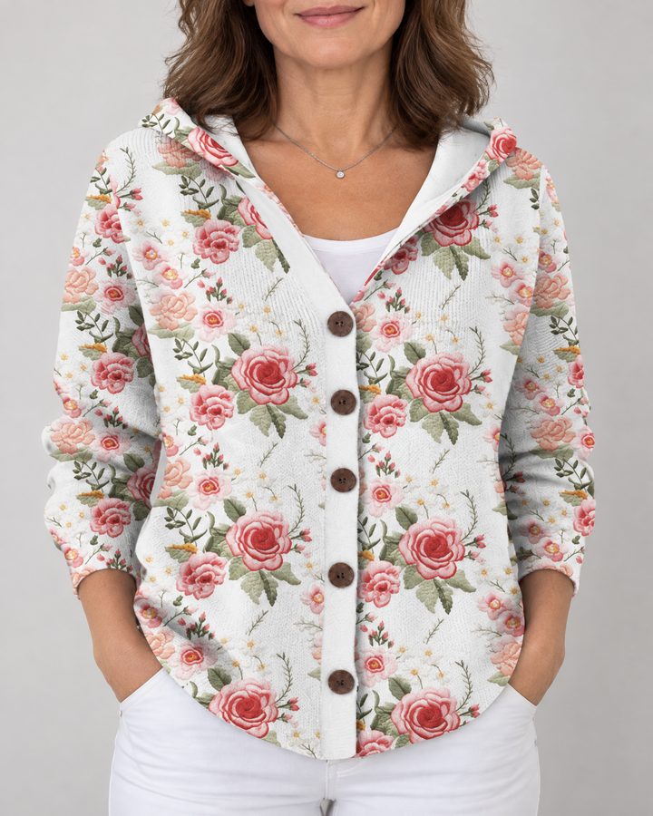 Isadora - Printed Hooded Cardigan in powder pink, front view