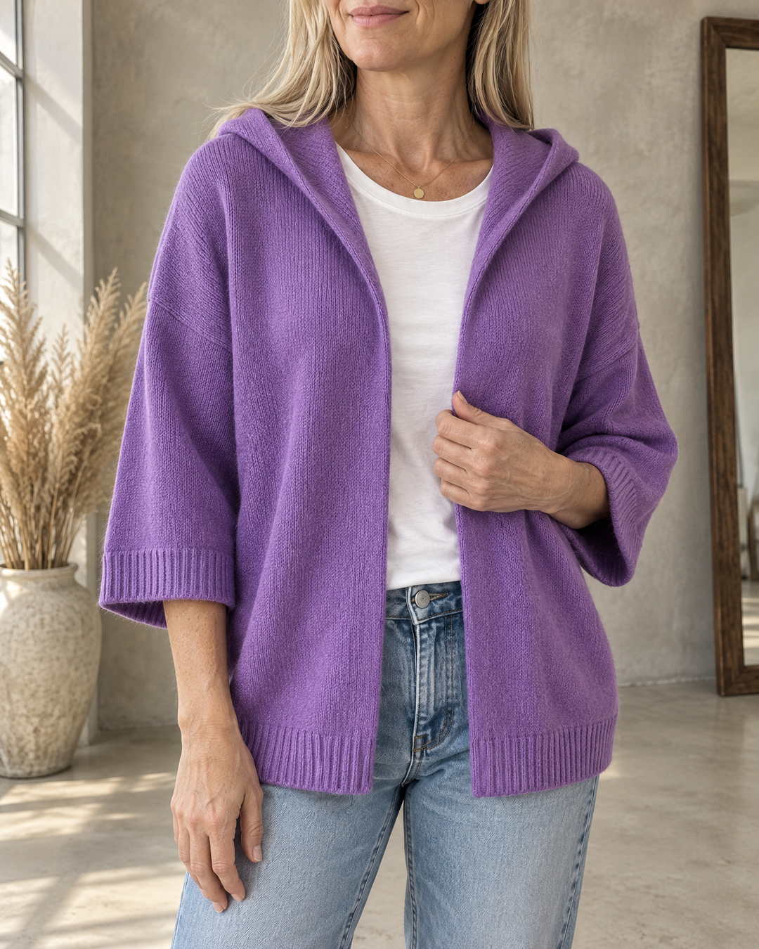 Viviane - Hooded Open-Front Cardigan in purple, front view
